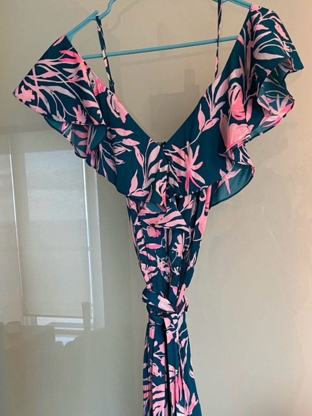 Lilly Pulitzer Emilia Teal & Pink Cold-Shoulder Jumpsuit XS - Picture 6 of 7